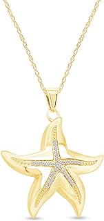 Spring Ring Clasp Starfish Pendant Necklace with Rope Chain Featuring Round Cubic Zirconia Gems Perfect for Elegant Gift-Givers - Yellow-Gold-Plated Sterling Silver Design