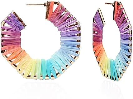 Colorful Earrings Summer Raffia Rainbow Hoop Rattan Earrings for Women Girls Beach Earrings for Women Vacation Handmade Bohemia Earrings Statement Straw Earrings… (Rainbow Hoop)