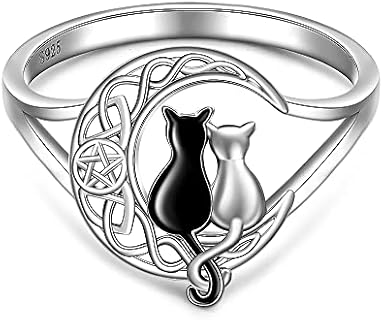 Black Cat Ring Celtic Knot Crescent Moon Rings for Women Sterling Silver Cute Black and White Cat Matching Thumb Rings Animal Pentagram Pentacle Halloween Cats Lover Gifts Size 7-9