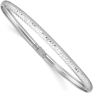 Elegant 14K White Gold Flexible Bangle Bracelet with Secure Push-Button Clasp and Unique Textured Design - 7.5