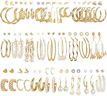51 Pairs Gold Hoop Earrings Set for Women, Zinc, Pearl Dangle Earrings Pack, Chunky Hoops for Multiple Piercing