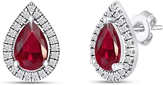 GEMVIO Collection 6X4MM Pear Cut Gemstone & Natural White Diamond Halo Teardrop Stud Earrings In 14K Gold Over Sterling Silver Jewelry For Women Valentine's Day Gift For Her