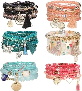 JOERICA 6 Sets Bohemian Stackable Beaded Bracelets for Women Multilayer Colorful Beads Handmade Bracelets Boho Bracelets Pack with Charm