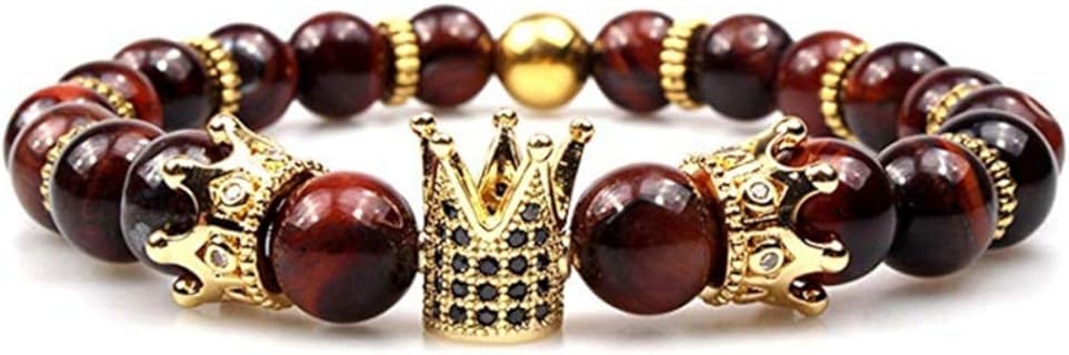 Luxe Gemstone King Crown Bead Bracelet with Bead Chain and Lobster Claw Clasp for Men and Women, Punk Hip Hop Design