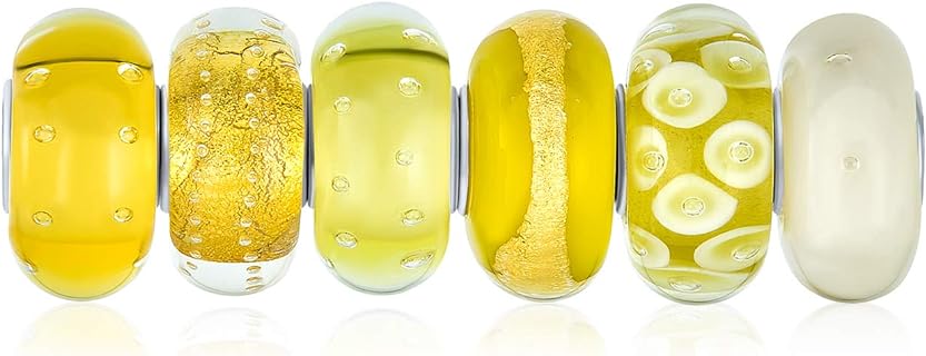 Bling Jewelry Mixed Set Of Bundle .925 Sterling Silver Core Translucent Shades Of White Yellow Brown Lemon Floral Flower Murano Glass Swirl Charm Bead Spacer Fits European Bracelet For Women Teen