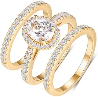 MDFUN Three-in-One Round/Oval/Eye/Teardrop Halo Wedding Bands Set Engagement Rings 18K Yellow Gold Plated Cubic Zirconia Promise Eternity Band for Women Size 5-10