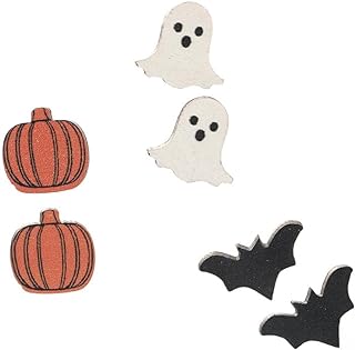 Pack of 3 Pairs Halloween Earrings for Women Pumpkin Cat Ghost Bat Stud Earrings Halloween Eve Party Lightweight Wood Earrings Set Gifts for Women Girls