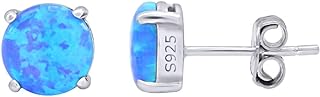 14K White Gold Plated Sterling Silver Opal Stud Earrings with Push Back Closure for Women, Round Cut Design