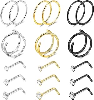 22G 18-Piece G23 Titanium & Cubic Zirconia Nose Rings Suite - Hypoallergenic L-shaped and Double Hoop Nose Piercings for Sensitive Skin - Durable and Versatile Body Jewelry from China