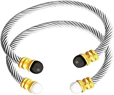 2 Pcs Twisted Cable Wire Bracelet Designers Inspired Cuff Bracelets with Black Agate Vintage Gold Silver Stack Jewelry Gift for Women Men Girls