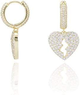 14K Gold Plated Huggie Hoop Earring with Broken Heart Charm Cubic Zirconia Dangle for Women|Y2K Earrings|Lock Key Earrings