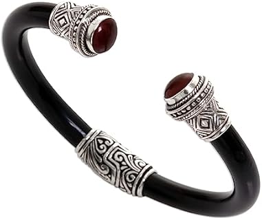 NOVICA Artisan Handmade Garnet Cuff Bracelet Sterling Silver Rubber from Indonesia [0.6 in L x 0.5 in W x 0.2 in D] ' Untouched Romance'