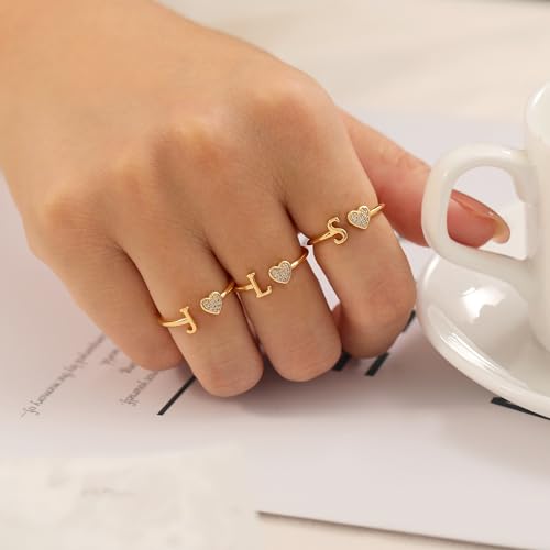 Heart Initial Ring for Women Teen Girls Silver Rose Gold Plated Heart Capital Letter Initial Rings Stackable Rings for Women Girls Adjustable Heart Alphabet Letter Rings Jewelry Gifts for Women