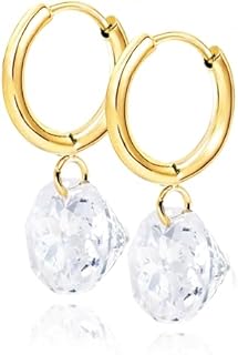 10MM Crystal Dangle Hoop Earrings Lightweight 14K Gold Plated Small Huggie Hoop Earrings with CZ Diamond Dainty Drop Earrings for Women [ER-CY-G]