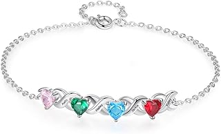 Ashleymade Personalized Heart Link Bracelet for Women Custom 2-7 Names Bracelets with Simulated Birthstones Adjustable Family Bracelets for Mother Daughter