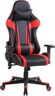 One Living Gaming-Stuhl für lange Sessions, verstellbare Rückenlehne, höhenverstellbar, Kopfstütze und Lendenwirbelstütze, ideal für Playstation-Spieler (Schwarz/Rot)