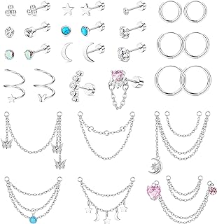 LOYALLOOK 33Pcs Stainless Steel Cartilage Earrings Set CZ Moon Star Heart Butterfly Flatback Cartilage Stud Earrings Small Huggie Hoop Earring Chain Dangle Cartilage Helix Tragus Piercing 20G