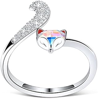 White Gold Plated Crystal Fox Engagement Ring for Women and Teen Girls - Adjustable, Unique Design