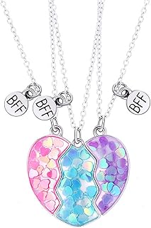 Hifot Collier d'Amitié pour 3 Filles Séparable avec Paillettes et Fermoir Ajustable, Idéal pour Cadeau d'Anniversaire ou Rentrée Scolaire
