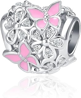 QeenseKc Butterfly Flower Garden Charm Magnolia Bloom Crystal Opennwork Enamel Bead for Pandora Charm Bracelet