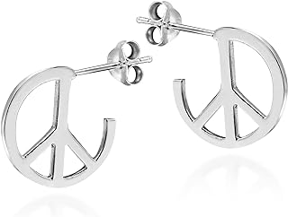 AeraVida Contempo Quarter Round Peace Sign .925 Silver Earrings | Tiny Sterling Silver Stud Earring for women | Peace Stud Earrings | Trendy Stud Earrings | Gift for Daughter