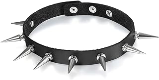 Snap-Clasp Spiked Choker Necklace in Leather and Alloy Metal for Unisex, Gothic Black Rivet Design