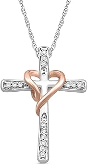 Jewelili Cross Heart Necklace Pendant in Rose Gold Over Sterling Silver with 1/10 CTTW Natural White Round Diamonds and 18 inch Rope Chain
