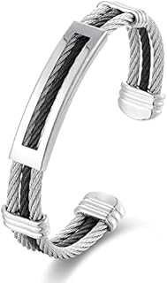 Stainless Steel Twisted Cable Cuff Bangle Bracelet for Men and Women with Box and Cable Chain Design - No Clasp Type