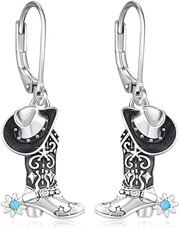 Lever-Back Sterling Silver Cowboy Boot Stud Earrings with Turquoise Gem for Women - Western Design