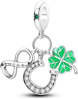 Lucky Cubic Zirconia Horseshoe Charm Sterling Silver Bracelet for Women & Teens with Four Leaf Clover Design