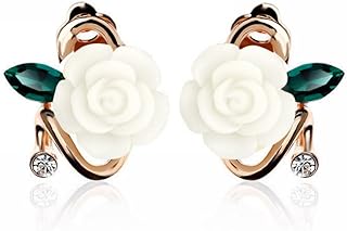 Charming Peony Flower Clip Earrings with Green leaves for Elegent Beautiful Women or Girls | Clip Earrings for Women | Floral Earrings | Clip on earrings for Girls | Flower Earrings for Women