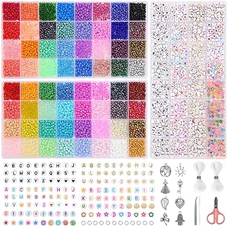 QUEFE Craft Beads Kit 6400pcs 4mm Glass Seed Beads and 960pcs Letter Beads for Friendship Bracelets Jewelry Making Necklaces and Key Chains with 2 Rolls of Crystal String, DIY Art Craft Gifts