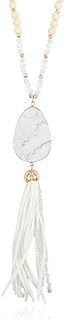 RIAH FASHION Bohemian Pendant Beaded Long Statement Necklace - Sparkly Crystal Bead Boho Teardrop, Natural Stone, Tassel Charm Wrap Lariat