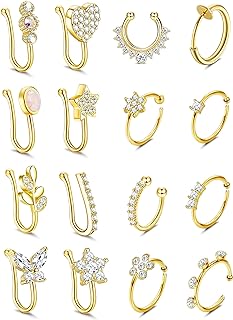 DOLOTTA 12-16Pcs Nose Cuff Fake Nose Ring Hoop Clip on Nose Ring CZ Dangle Fake Nose Ring Cartilage Tragus Ring Nose Cuff Non Piercing for Women Men
