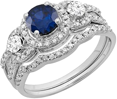 14K Rose Gold 3-Stone Blue Sapphire & White Diamond Wedding Ring Set for Her, Elegant Round Halo Design