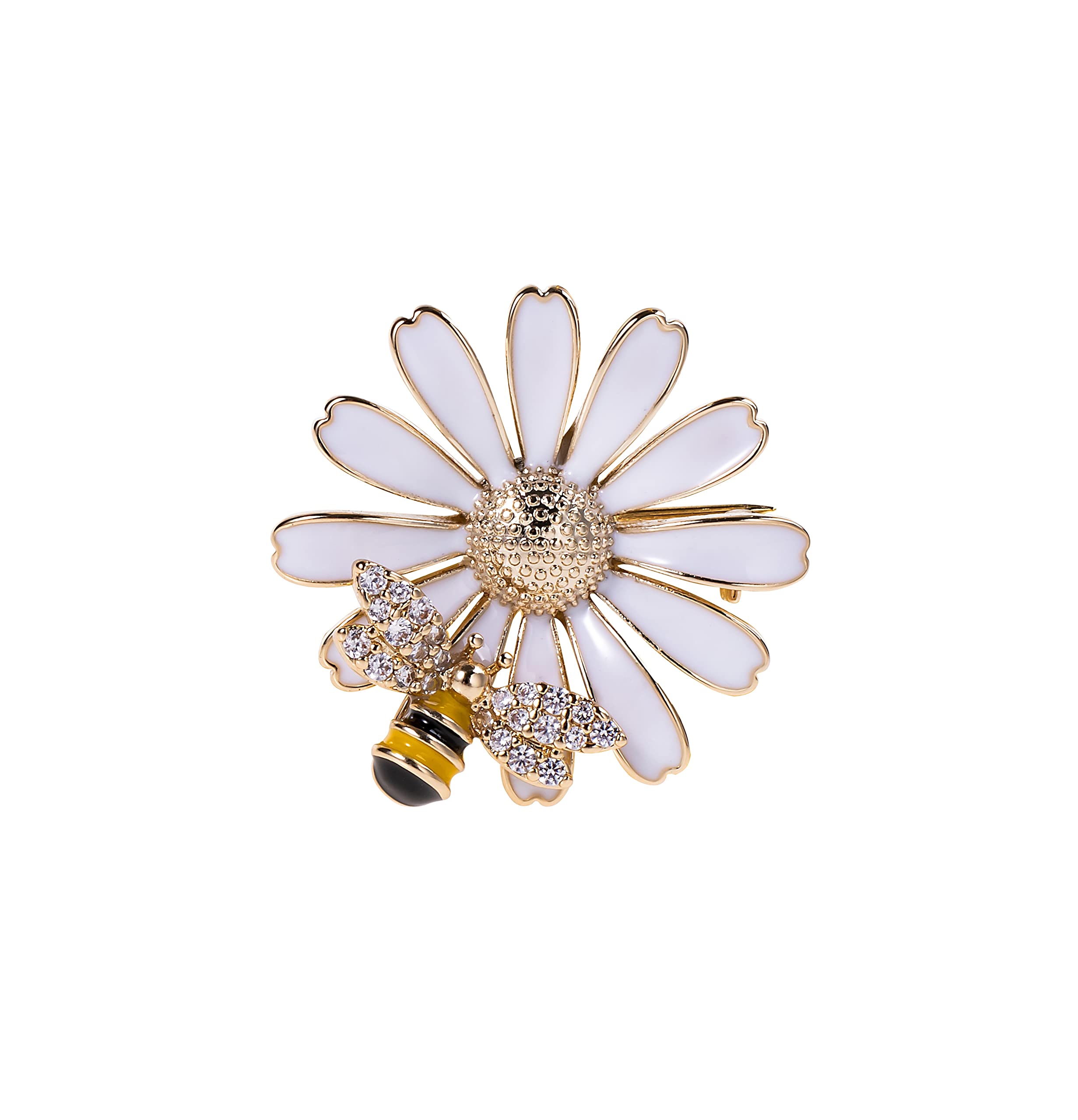 Capwell + Co 14k Gold Colored White Enamel Daisy and Bumble Bee Brooch Apparel Pin Gift for Women and Young Girls