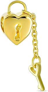 Vintage Two Tone Heart Shape Valentine Lovers Couple Filigree Lock & Key Charm Bead For Women Girlfriend 14K Gold Plated .925 Sterling Silver Fits European Bracelet