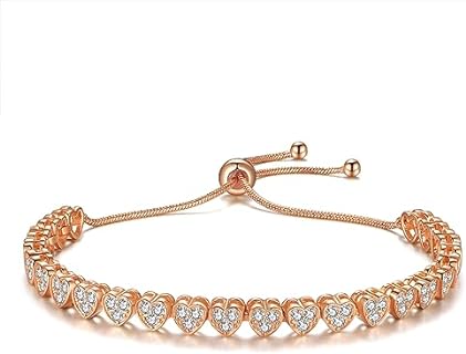 Women's Cubic Zirconia Embedded 14K Gold Plated Heart-Tennis Bracelet with Sliding Clasp and Box Chain