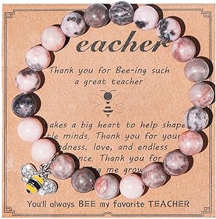 Natural Stone Gemstone Beaded Apple Bee Charm Bracelet with Message Card Elastic Cord Strency Teacher Appreciation Bracelet for Women Men TeacherTeachers' Day Jewelry Birthday Gift