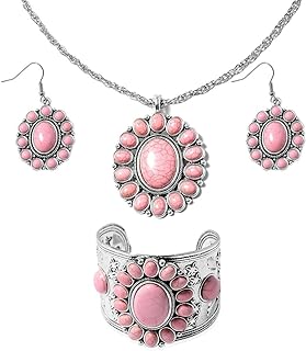 Western Howlite Gemstone Jewelry Set with Lobster Clasp for Women, Chrysanthemum Design in Vibrant Colors - Stainless Steel Necklace, Earrings & Cuff Bracelet