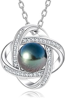 18K White Gold Plated Sterling Silver Love Knot Pendant Necklace with Genuine Tahitian Black Pearl and D Color Moissanite, Adjustable Cable Chain, Ideal Gift for Women