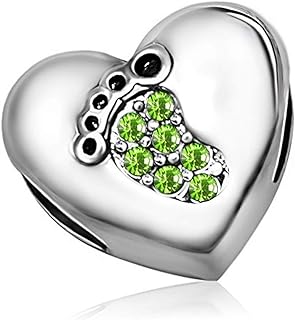 KunBead January-December Birthstone Footprint Heart Birthday Love Bead Charms Compatible with Pandora Bracelet for Mom Daughter Grandma Granddaughter
