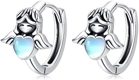 June Birthstone Moonstone Angel Wing Small Hoop Earrings for Women in Hypoallergenic Sterling Silver with Lever Back Design