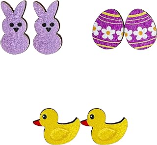 3 Pairs Easter Earrings Set Easter Gnome Egg Bunny Carrot Lightweight Acrylic Drop Earrings Happy Easter Rabbit Wooden Stud Earrings for Women Girls Holiday Jewelry Gifts