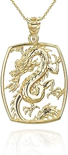 Chinese Dragon Pendant Necklace Fine With Rolo Chain Real Solid 14Kt Gold