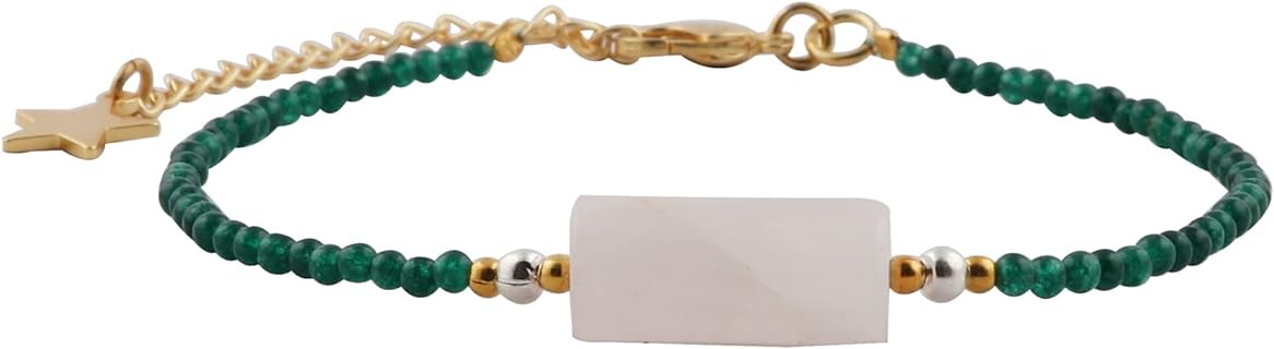 Elegant Easy Hook Clasp Emerald & Quartz Bead Bracelet, Gold-Plated Brass, for Women, Beaded Chain Design
