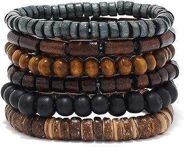 Boho Style 5Pcs Bead Chain Wooden Bracelets Set in Black and Brown - Zinc Material, No Clasp Type, Great Gift Idea for Men