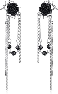 Gopbrer Gothic Dangle Earrings for Women, Hypoallergenic Black Rose Tassel Stud Earrings, Goth Punk Y2k Drop Chain Earrings for Women