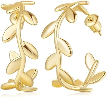 Cossa Leaf Hoop Earrings for Women in 14K Gold - Nature-Inspired, Branch-shaped Hoops with Push Back Finding, Stylish Hypoallergenic Jewelry Gift, 28mm