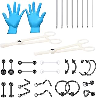 JIESIBAO 32-Piece Professional Body Piercing Kit with Stainless Steel Horseshoe Barbells and Piercing Needles for All Types of Piercings